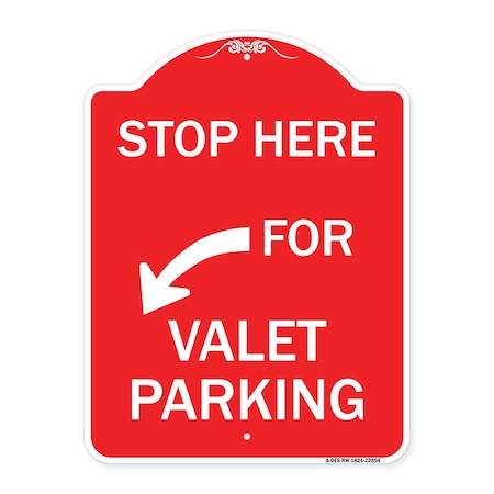 Signmission Stop Here for Valet Parking Left Arrow, Red & White Aluminum Sign, 18" x 24", RW-1824-22854 A-DES-RW-1824-22854